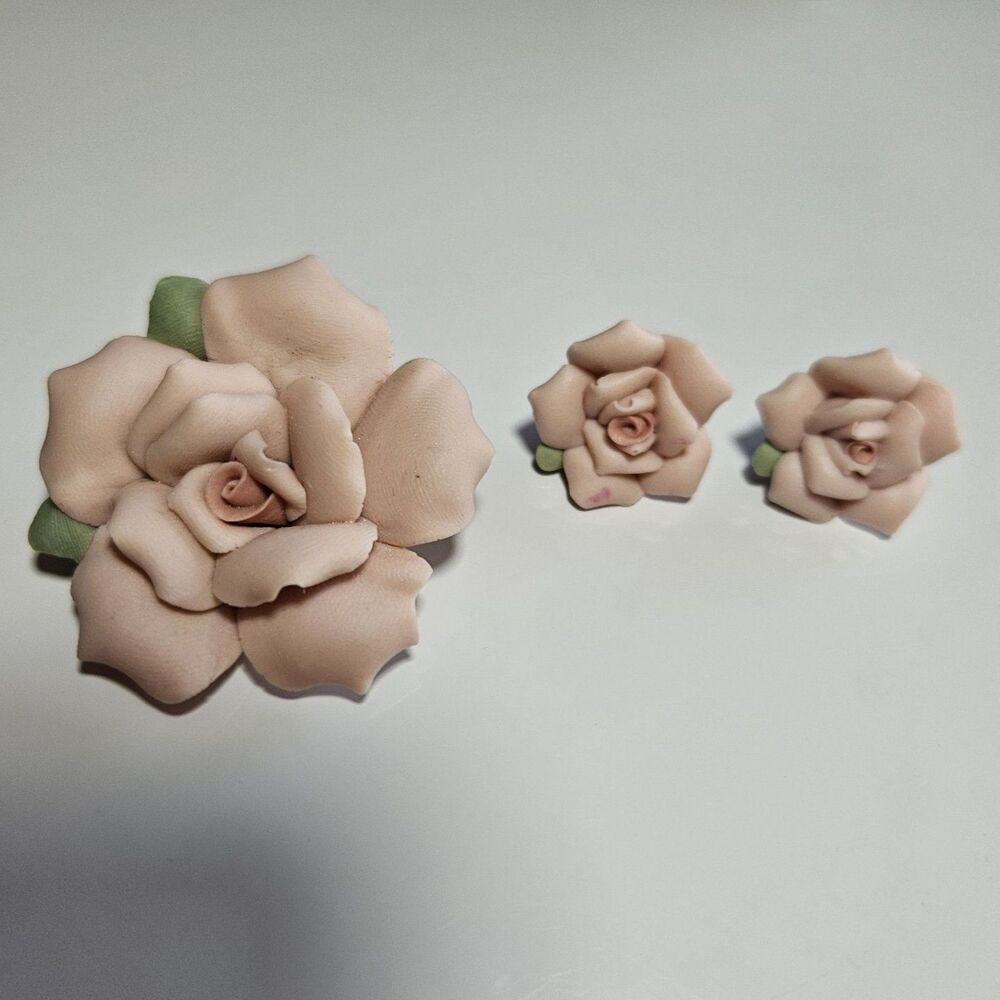 Vintage Porcelain Pink Roses Post Earrings Brooch Pin Set